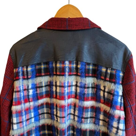 Desigual Ingrid Trucker Jacket US L Plush Tartan Faux Leather Trim Blue - Picture 9 of 16